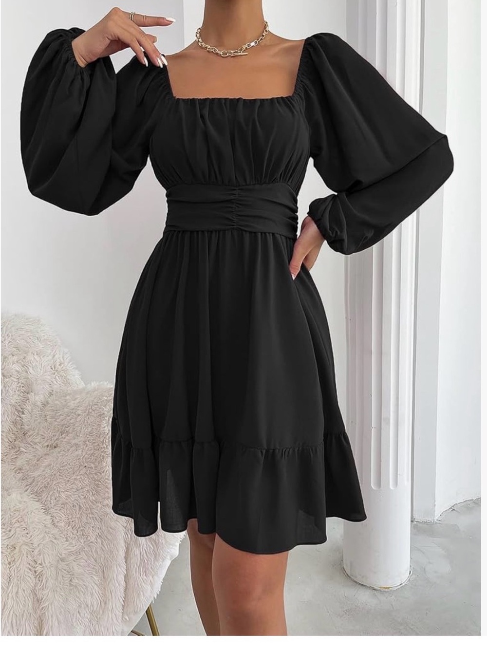 Dokotoo Smocked Waist Black Mini Dress with Puff Sleeves